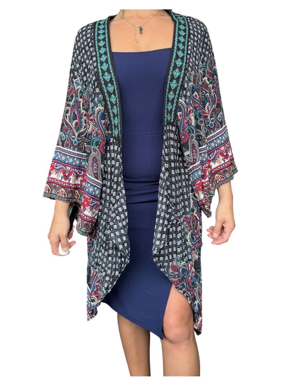 Flying Tomato Paisley Patchwork Boho Kimono Open Cardigan Topper Duster Small